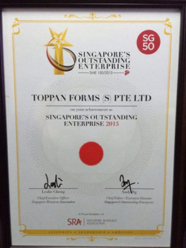 Singapore's Outstanding Enterprise 2015 表彰状